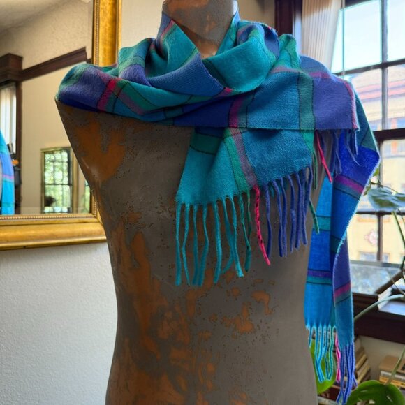 Vintage Bright Tartan Acrylic Scarf With Fringe MADE IN JAPAN - Picture 2 of 4
